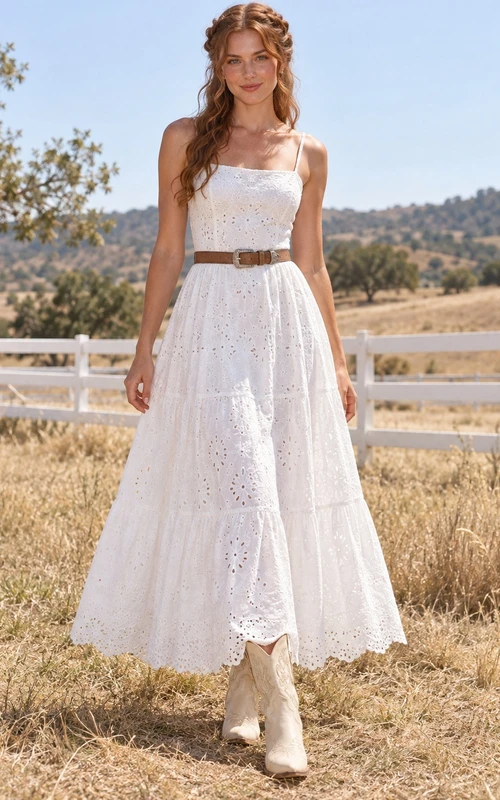 Robe d'été occidentale mi-longue à fines bretelles et dentelle ajourée