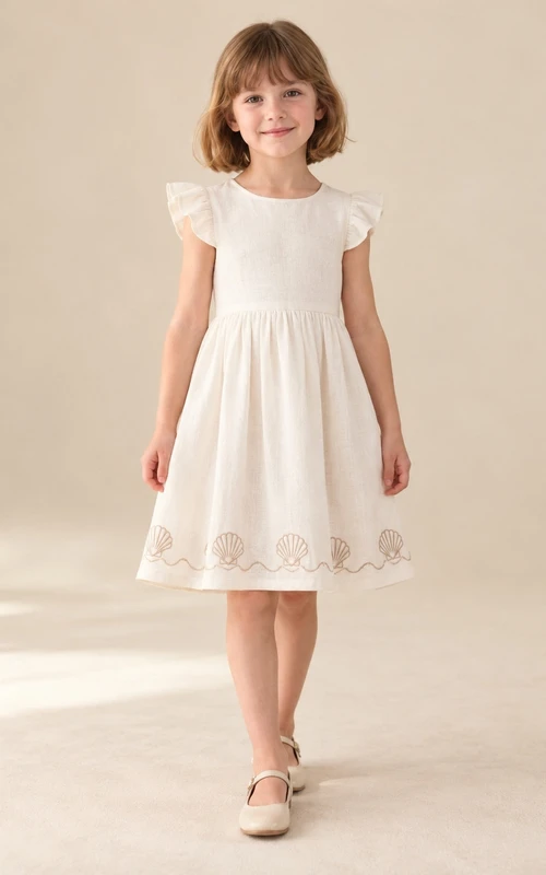 Modest Simple Ivory Knee Length Shell Border Compact Flutter Sleeve Beach Flower Girl Dress