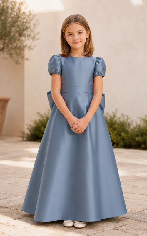 Robe de demoiselle d'honneur bleu océan en satin, coupe trapèze, manches bouffantes, encolure bijou et jupe longue ornée d'un nœud.