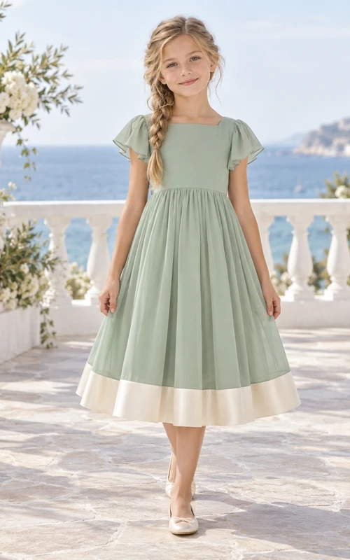 Modest Square Neck Sage Tea-length Folded Flutter Sleeve Ivory Banded Chiffon Flower Girl Dress