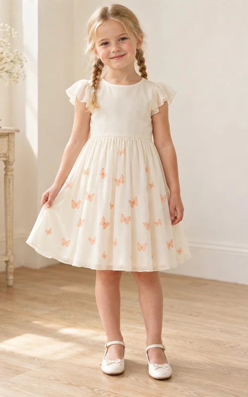 Robe de demoiselle d'honneur simple et modeste, couleur ivoire, longueur genou, ornée de bijoux et de manches papillon superposées, en mousseline de soie à imprimé papillons pêche et froncée.