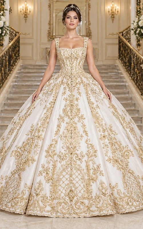 Vestido de novia de gala con escote cuadrado, tirantes bordados en oro y dobladillo con intrincado diseño de celosía.