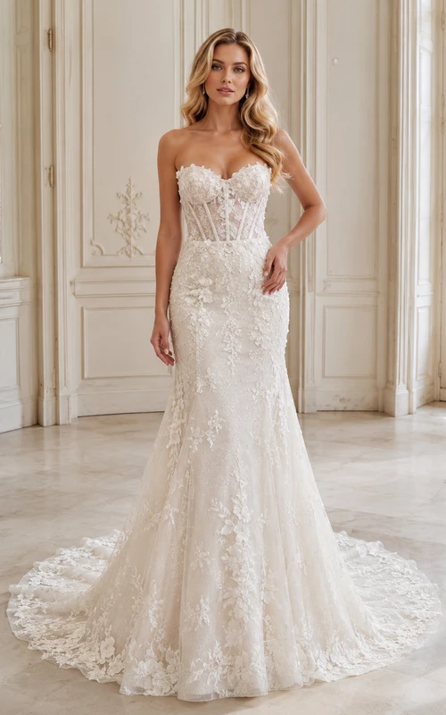Sweetheart Brautkleid mit floraler Spitze, Meerjungfrauen-Schleppe und elegantem, skulpturalem Schnitt