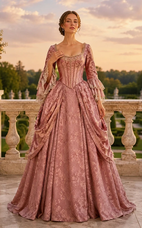 Dusty Rose Taffeta Square Neck Bell Sleeve Floor-Length Ball Gown