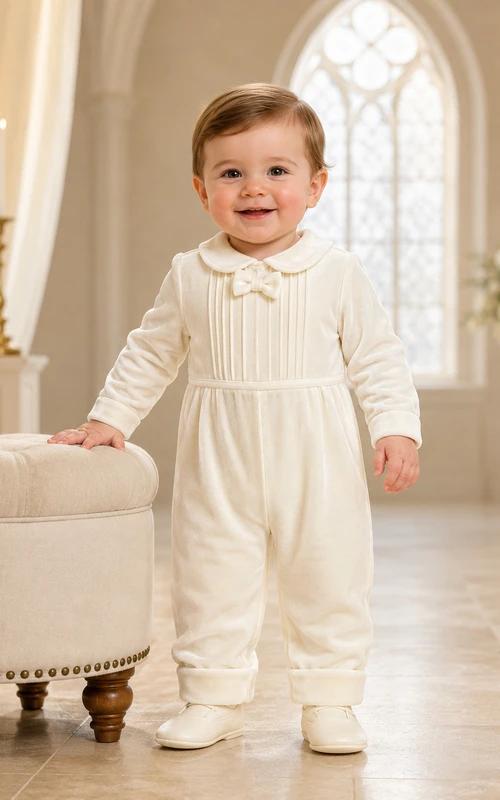 Mono de bautizo color crema con cuello Peter y mangas largas con pliegues para bebé niño.