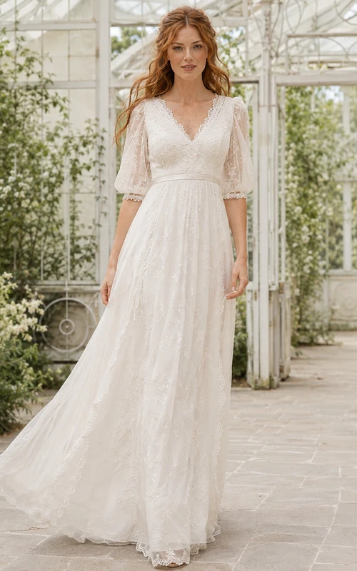 Robe de mariée élégante en mousseline et dentelle, décolleté en V profond, manches trois-quarts, bustier trapèze et traîne, style domaine.