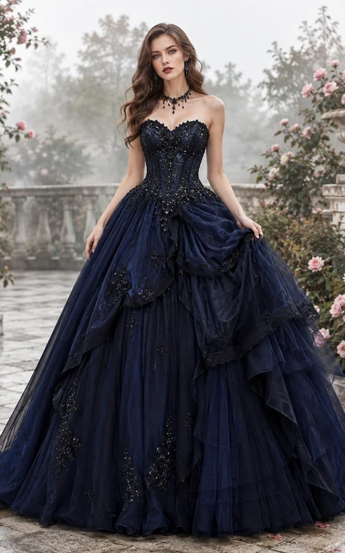 Dark Navy Sweetheart Sleeveless Tiered Tulle Ball Gown Floor-Length Prom Dress