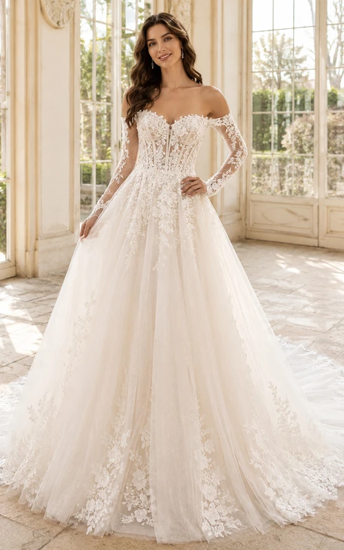 Robe de mariée luxueuse en dentelle florale, épaules dénudées, manches longues, coupe trapèze, traîne cathédrale, à manches longues et épaules dénudées
