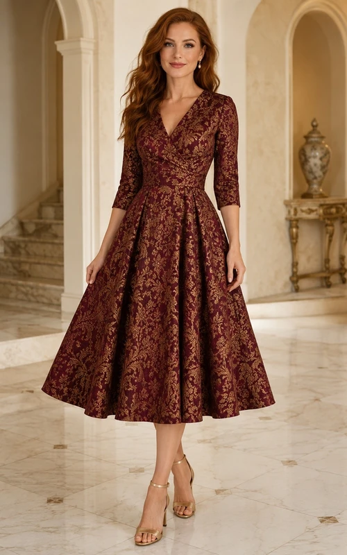 Burgunderfarbenes, formelles Kleid in Teelänge mit V-Ausschnitt, langen Ärmeln und Jacquardmuster.
