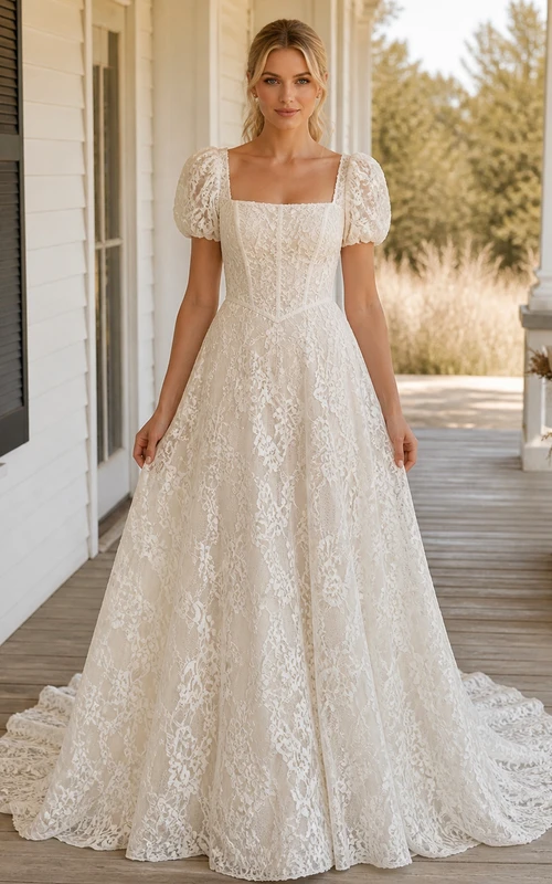 Vestido de novia romántico de gala con corsé y estampado floral, escote cuadrado y mangas cortas, largo hasta el suelo.