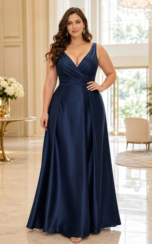 Elegantes, schlichtes Brautjungfernkleid aus dunkelblauem Satin mit A-Linie, bodenlang, V-Ausschnitt und ärmellos