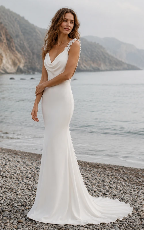 Vestido de novia de satén ajustado con escote drapeado, espalda descubierta y cola larga.