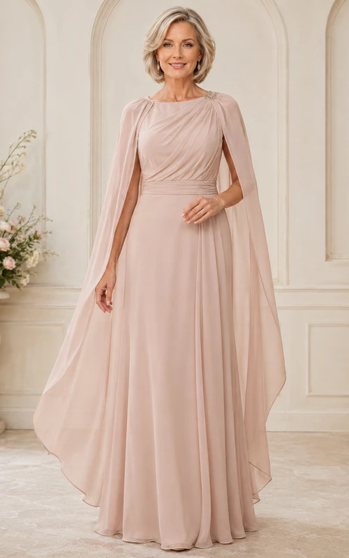 Blush Modest High-Neck Chiffon A-Line Floor-Length Mother of the Bride Gown with Long Draped Cape Sleeves