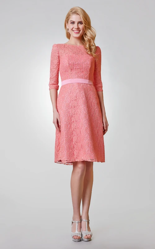 Simple 3-4 Length Sleeve A-line Knee Length Lace Dress