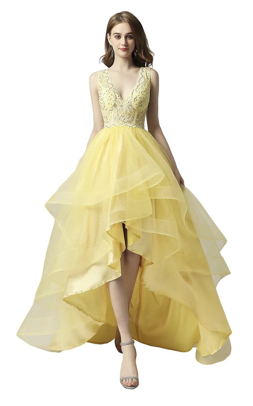 Niedliches, asymmetrisches, ärmelloses Kleid mit Perlenbesatz, Kaskadenrüschen und Schlüssellochausschnitt.