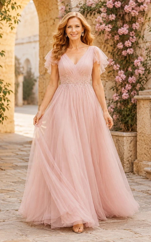 Rosafarbenes A-Linien-Kleid aus Tüll mit V-Ausschnitt und flatternden Ärmeln