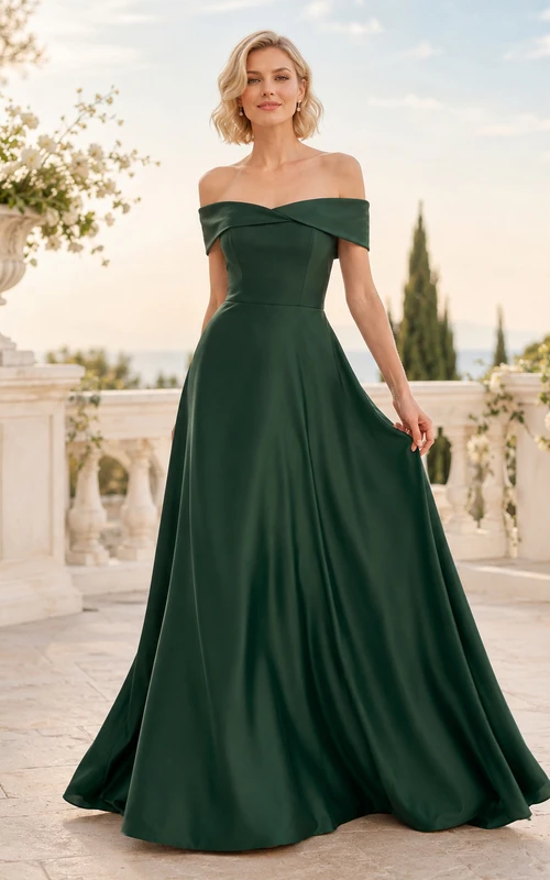 Vestido de novia romántico de satén verde oscuro con escote Bardot y cola de corte A