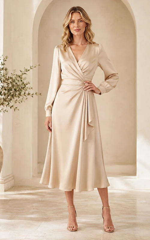 Taupe Satin Wrap Pleated Long Sleeve Tea-length A-Line Formal Dress