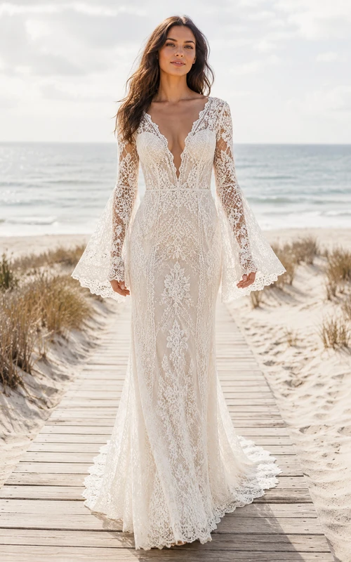 Robe de mariée bohème en dentelle à col en V et manches cloche