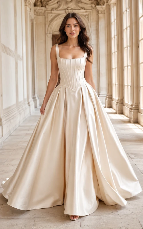 Robe de mariée longue en satin à col carré et basque, col carré, longueur au sol.