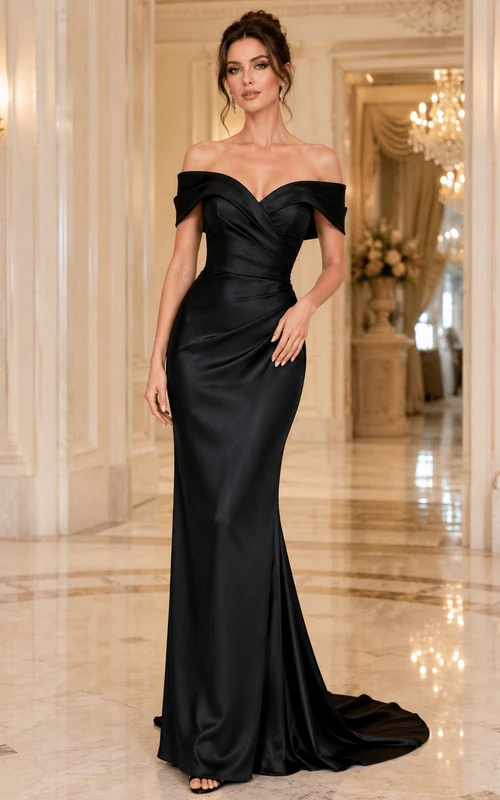 Vestido de fiesta formal de satén negro con escote corazón, corte sirena y cola larga, estilo sirena.