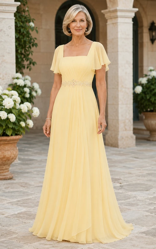 Daffodil Chiffon-Kleid in A-Linie mit eckigem Ausschnitt für Mütter