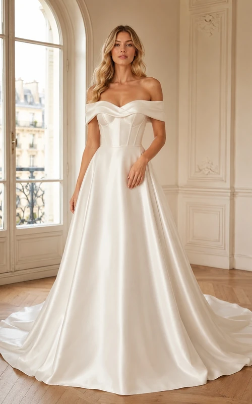Robe de mariée moderne et élégante en satin, épaules dénudées, sans manches, coupe trapèze et traîne.