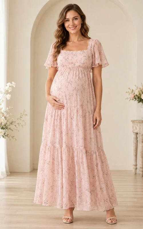 Pink Floral Chiffon Square Neck Puff Sleeve Empire Floor-length Maternity Guest Dress