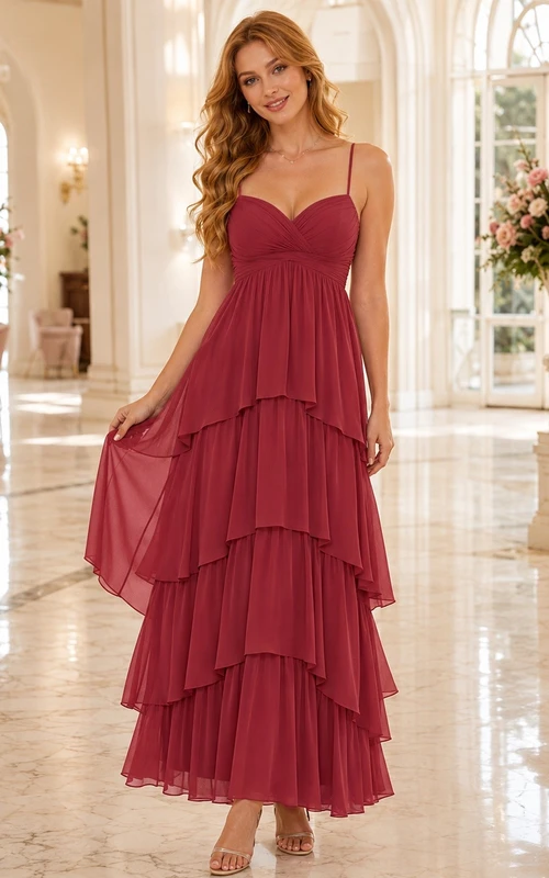Romantic Burgundy Spaghetti Sweetheart Tiered Chiffon A-Line Dress