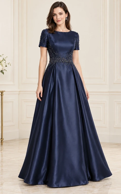 Robe de bal en satin bleu marine foncé, col rond et manches en dentelle, d'une sobriété élégante.