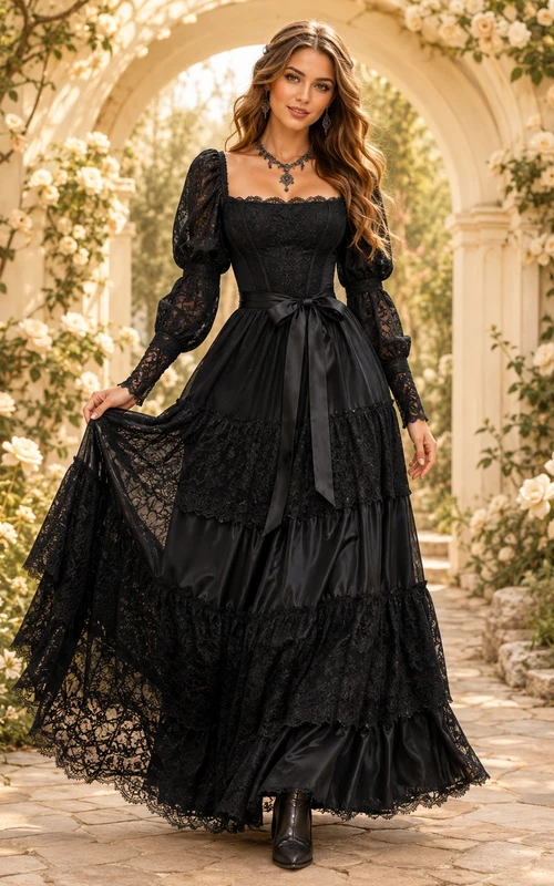 Black Square-Neck Long-Sleeve Puff-Sleeve Tiered Tulle A-Line Floor-Length Western Dress