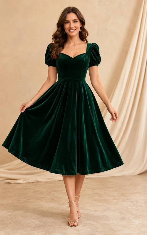Green Square Neck Puff Short Sleeve Velvet Tea-length A-line Vintage Romantic Dress