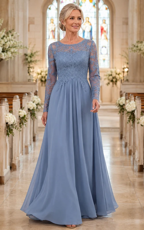 Dusty blue lace bodice long sleeve chiffon mother gown
