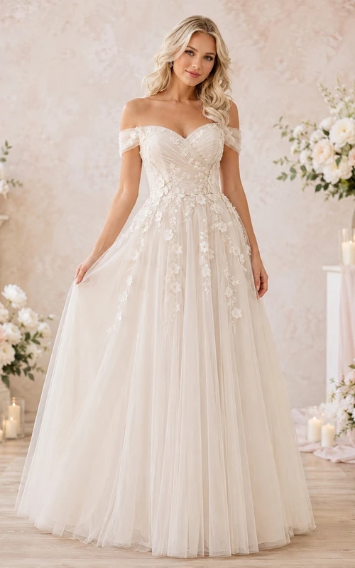 Romantisches, schulterfreies A-Linien-Brautkleid aus Tüll mit Herzausschnitt und Applikationen, bodenlang, für eine Gartenhochzeit