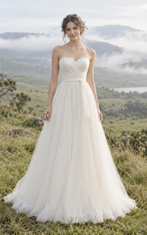 Schlichtes, trägerloses, bodenlanges A-Linien-Brautkleid mit Herzausschnitt und Schärpe aus Tüll für eine Gartenhochzeit