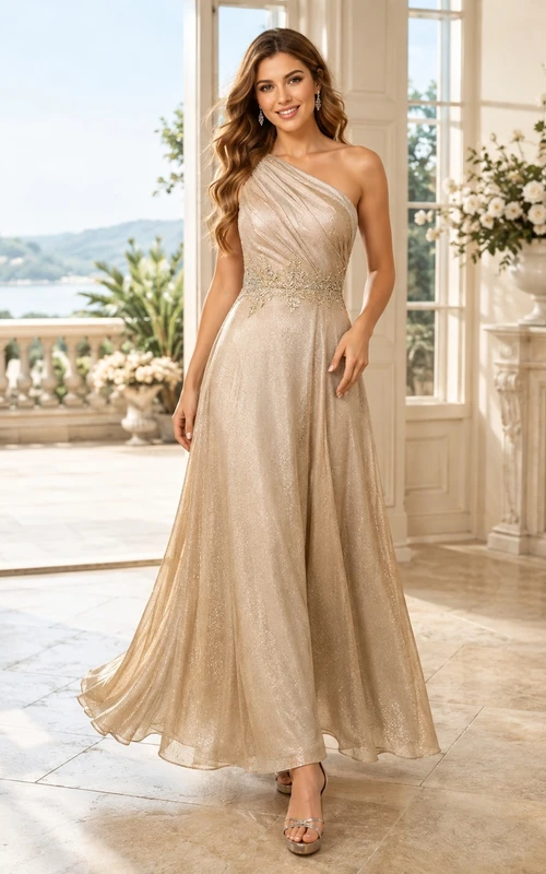 Champagnerfarbenes, paillettenbesetztes, schulterfreies, plissiertes A-Linien-Abendkleid in Bodenlänge