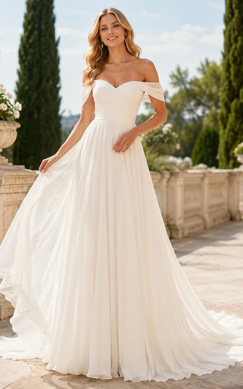 Robe de mariée romantique en mousseline de soie Chapel Breeze, coupe trapèze, longueur au sol, épaules dénudées, manches courtes.
