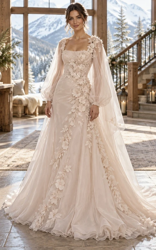 Vestido de novia de organza con capa y cuello cuadrado, manga larga y estampado floral rosa, estilo sirena.