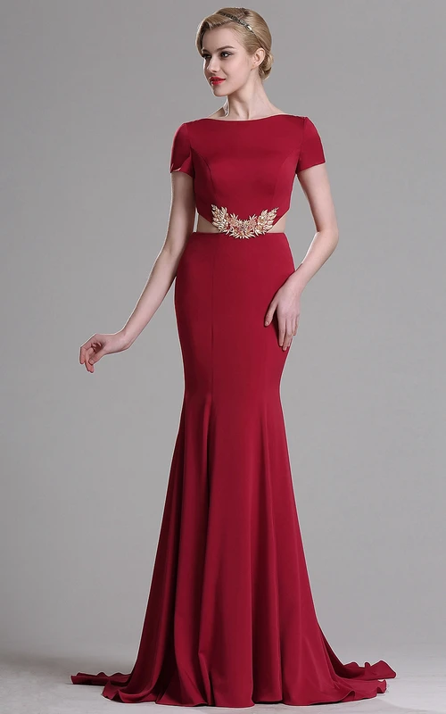 Robe sirène à manches courtes en jersey ornée de cristaux et zippée