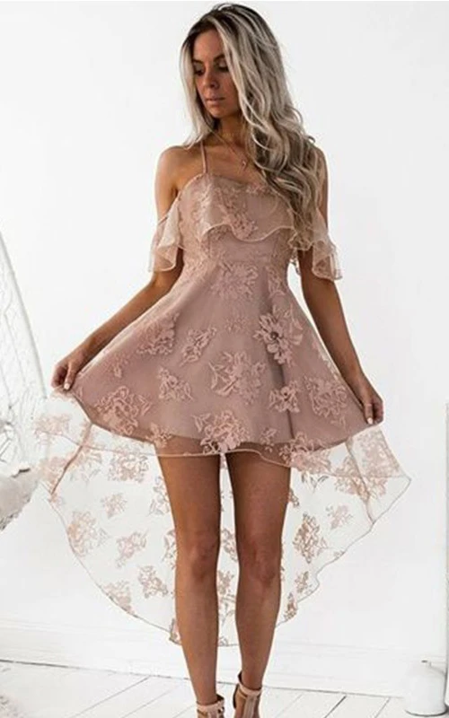 Robe de bal trapèze sans manches en dentelle à fines bretelles et dos croisé asymétrique