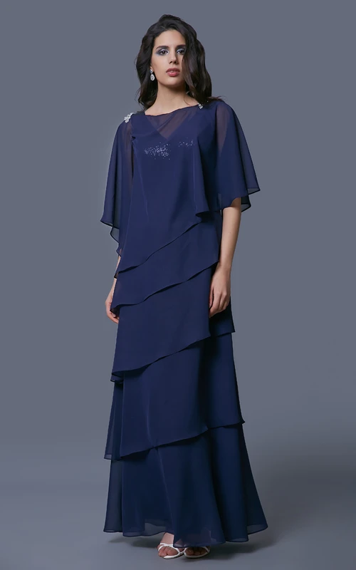 Vestido de gasa con escote en V, capas, corpiño de lentejuelas y cuello drapeado a juego.