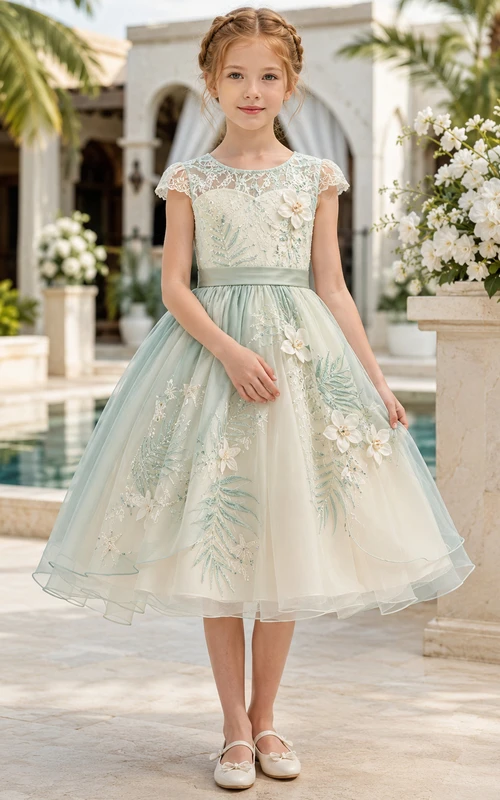 Elegant Romantic Flower Girl Dress Jewel Neck Cap Sleeve Celadon Tulle Tea Length Botanical Flowers