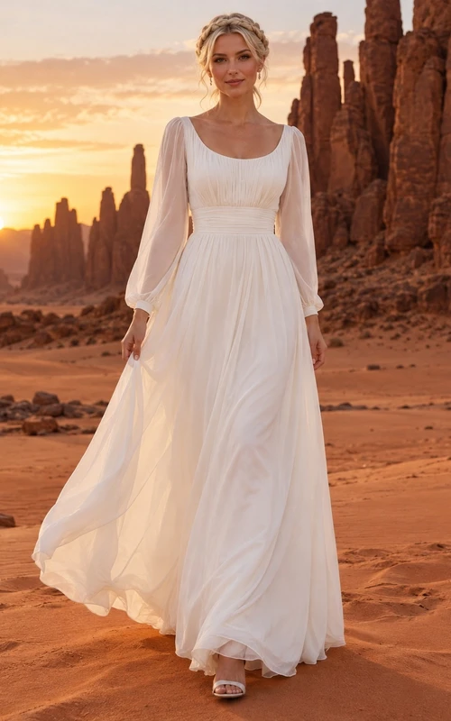 Vestido de novia sencillo de corte A hasta el suelo con escote redondo, mangas largas transparentes, corpiño fruncido y cintura natural.