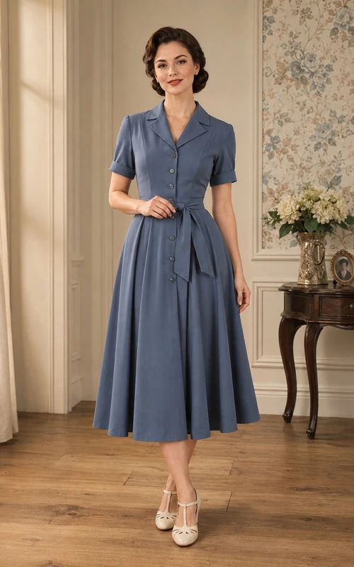 Schieferblaues, dreiviertelärmeliges A-Linien-Kleid mit Kragen