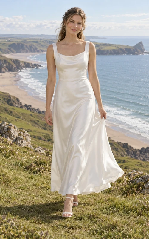 Vestido de novia sencillo para la playa, corte recto, escote cuadrado, sin mangas, largo hasta los tobillos, tirantes anchos, espalda escotada.