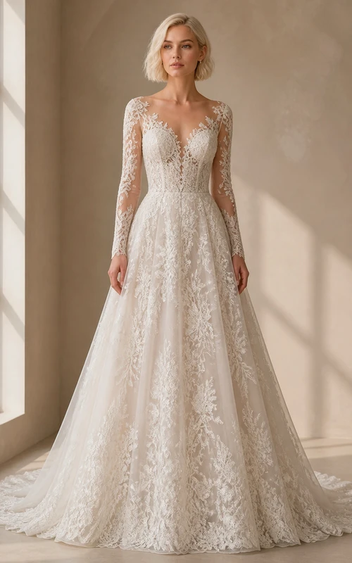 Vestido de novia de capilla de manga larga con encaje floral para novias mayores y modestas