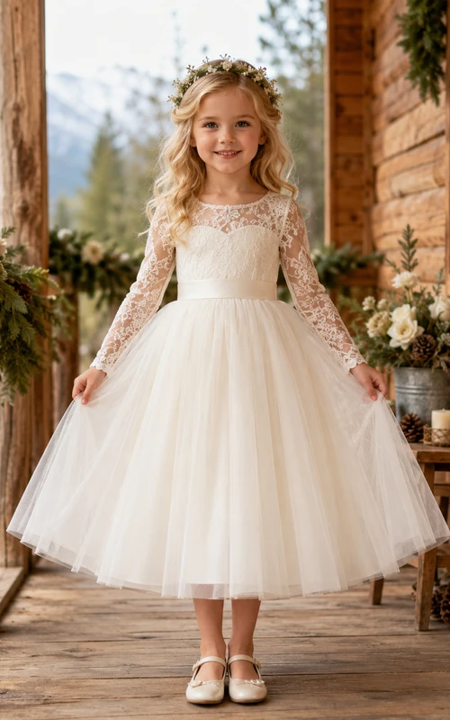 Vestido de niña de flores color marfil, largo hasta la rodilla, encaje, tul, corte en A, escote ilusión tipo barco, manga larga, espalda abotonada, lazo de satén.