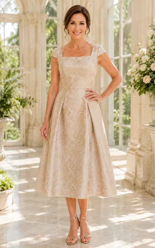 Robe de mère champagne à col carré, longueur thé et coupe trapèze
