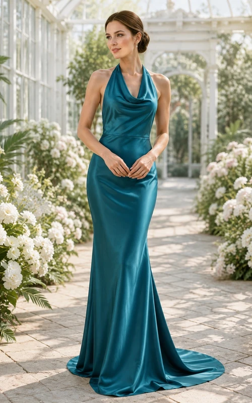 Schlichtes, dunkelgrünes Brautkleid aus Satin mit Neckholder, Wasserfallausschnitt und Meerjungfrauenschnitt sowie Schleppe