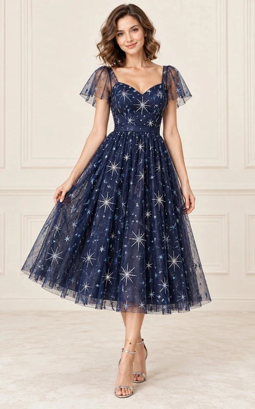 Dark Navy Sweetheart Star Embroidered Flutter Sleeve Cocktail Dress